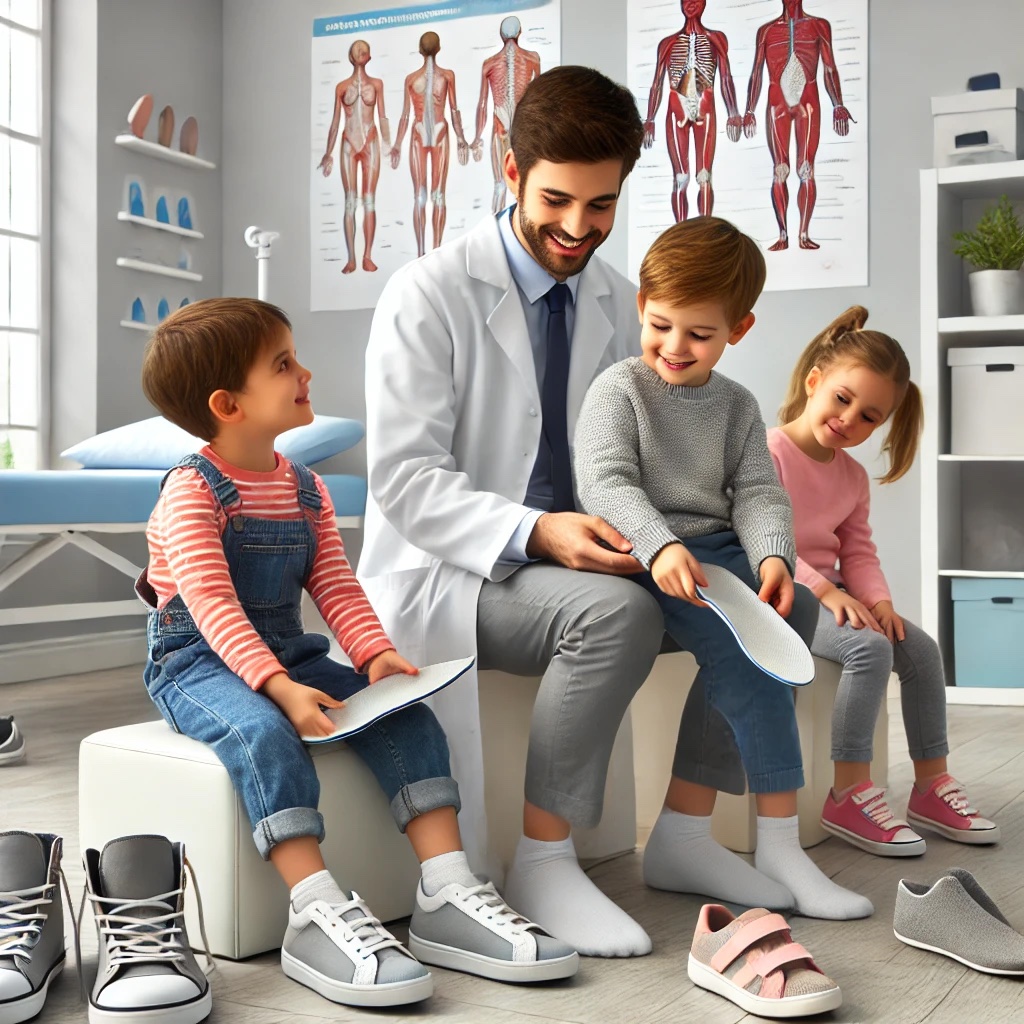 DALL·E 2025-07-24 16.41.23 - A realistic scene inside a modern podiatrists clinic. Three to four smiling children aged 3 to 7 are trying on orthopedic insoles. The children are s (kopie)